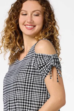 Cato Gingham Cold Shoulder Top><noscript><img width=