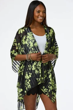Cato Green Floral Illusion Stripe Kimono> Cover Ups|Tops