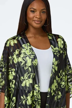 Cato Green Floral Illusion Stripe Kimono><noscript><img width=