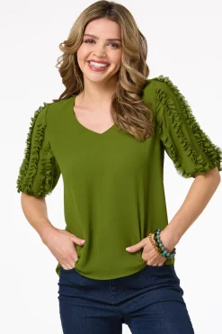 Cato Green Ruffled Sleeve Top> Tops