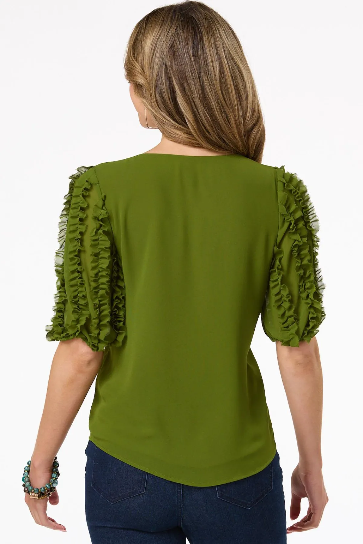Cato Green Ruffled Sleeve Top> Tops