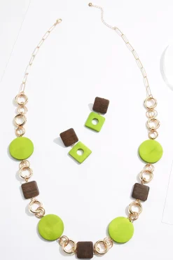 Cato Green Wood Gold Ring Long Necklace Set><noscript><img width=