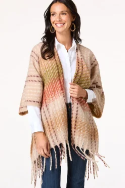 Cato Houndstooth Plaid Tie Waist Poncho><noscript><img width=