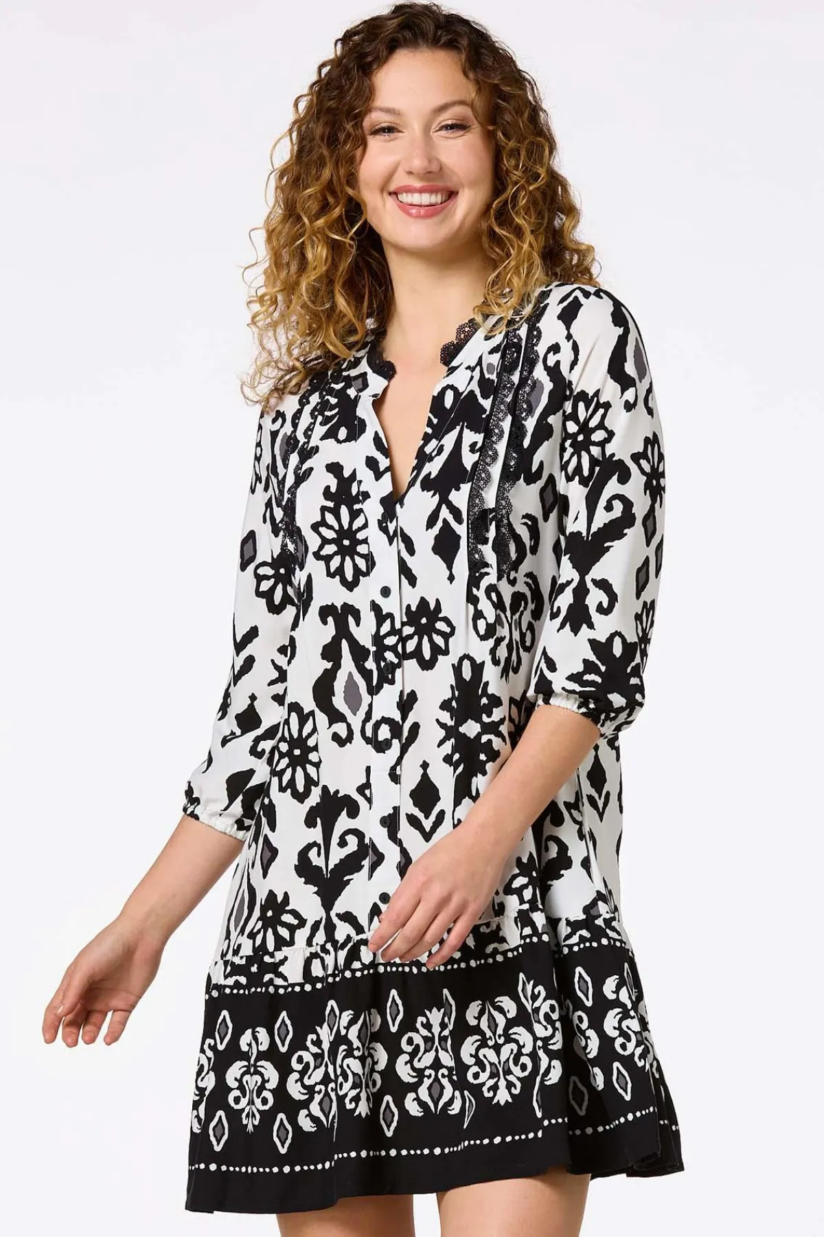 Cato Lace Trim Shirt Dress> Dresses