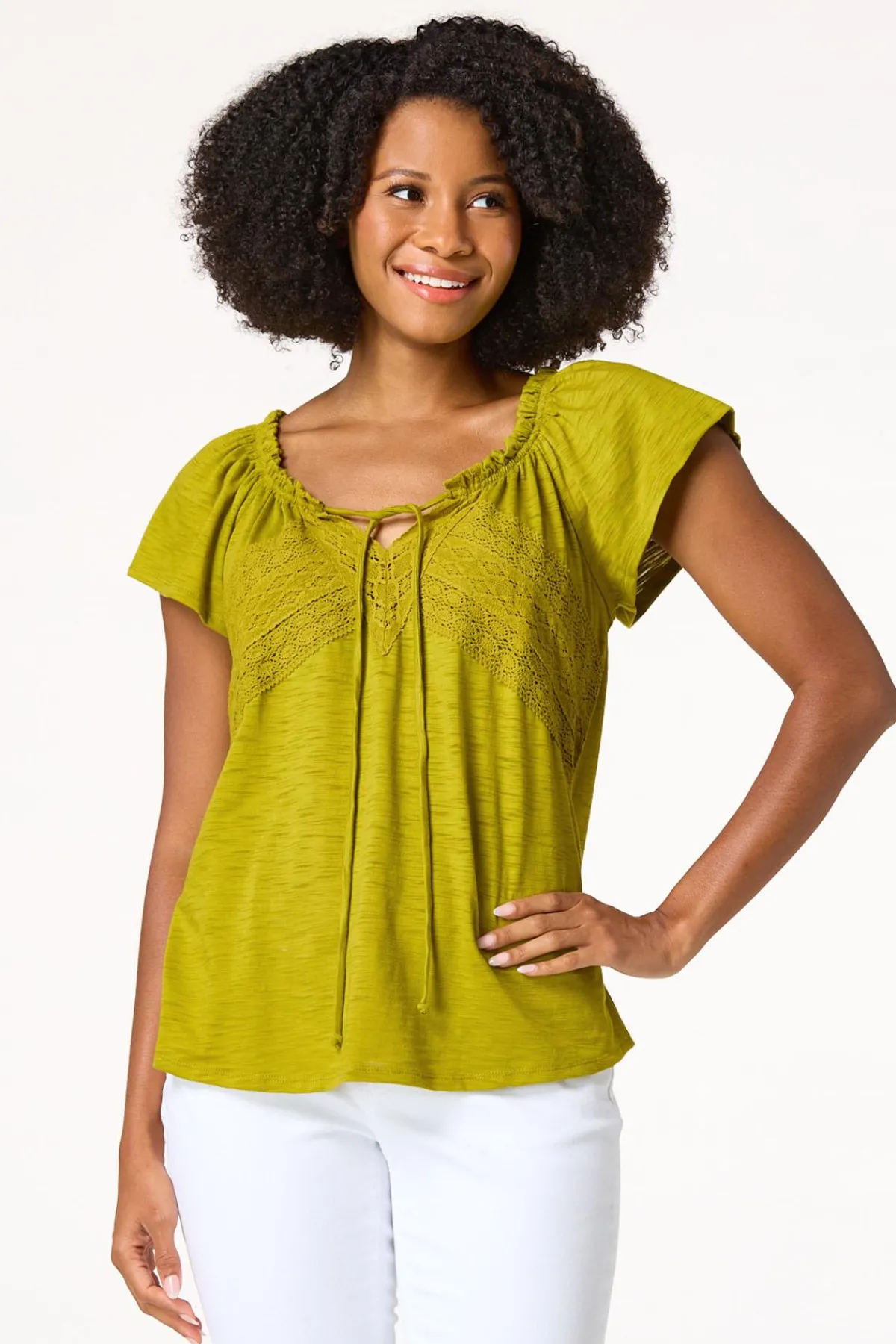 Cato Lace Trim Tie Neck Top> Tops