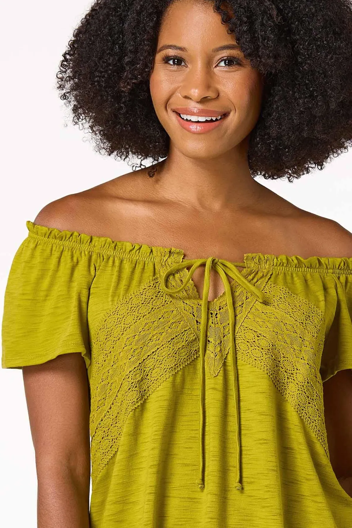 Cato Lace Trim Tie Neck Top> Tops