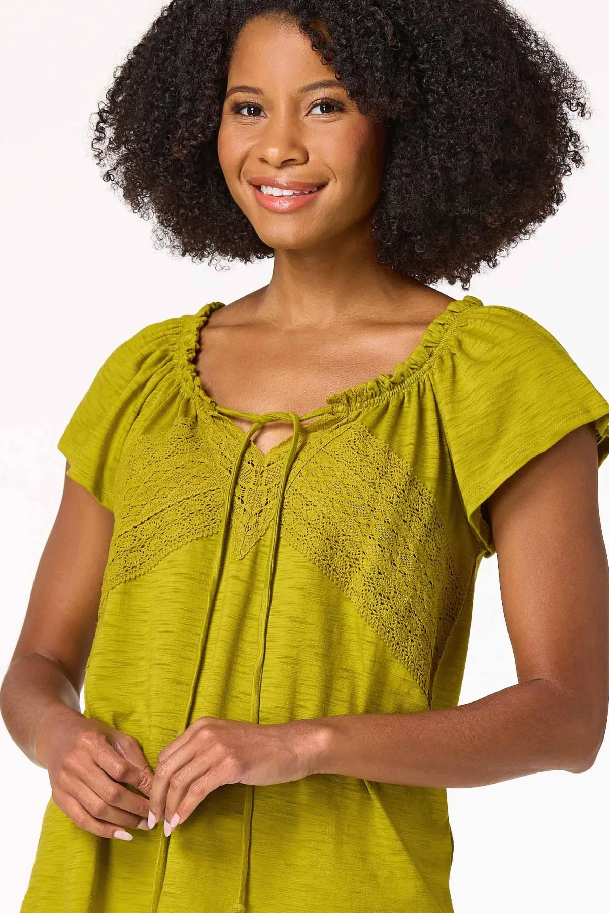 Cato Lace Trim Tie Neck Top> Tops