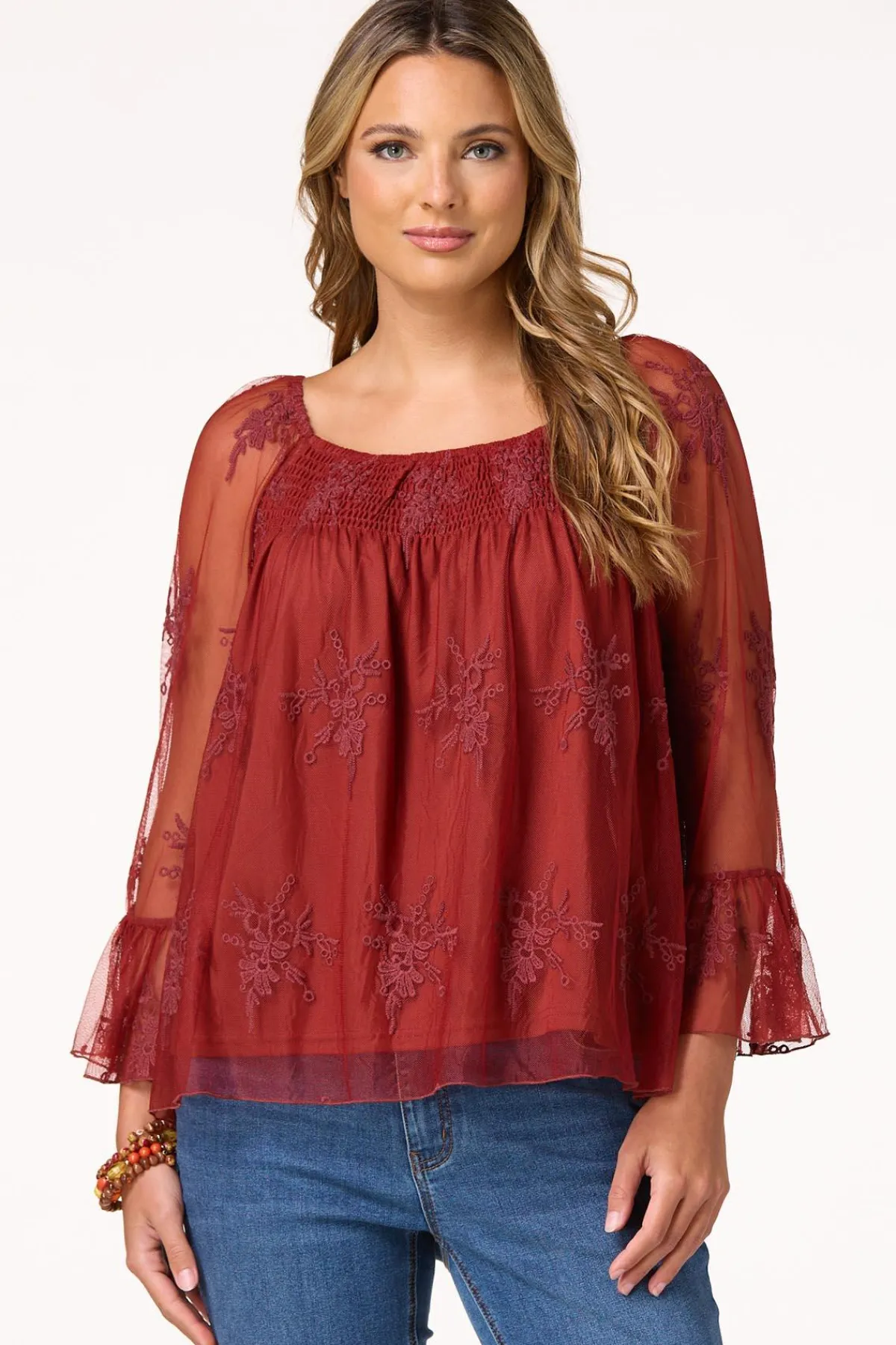 Cato Mesh Embroidered Bell Sleeve Top> Tops