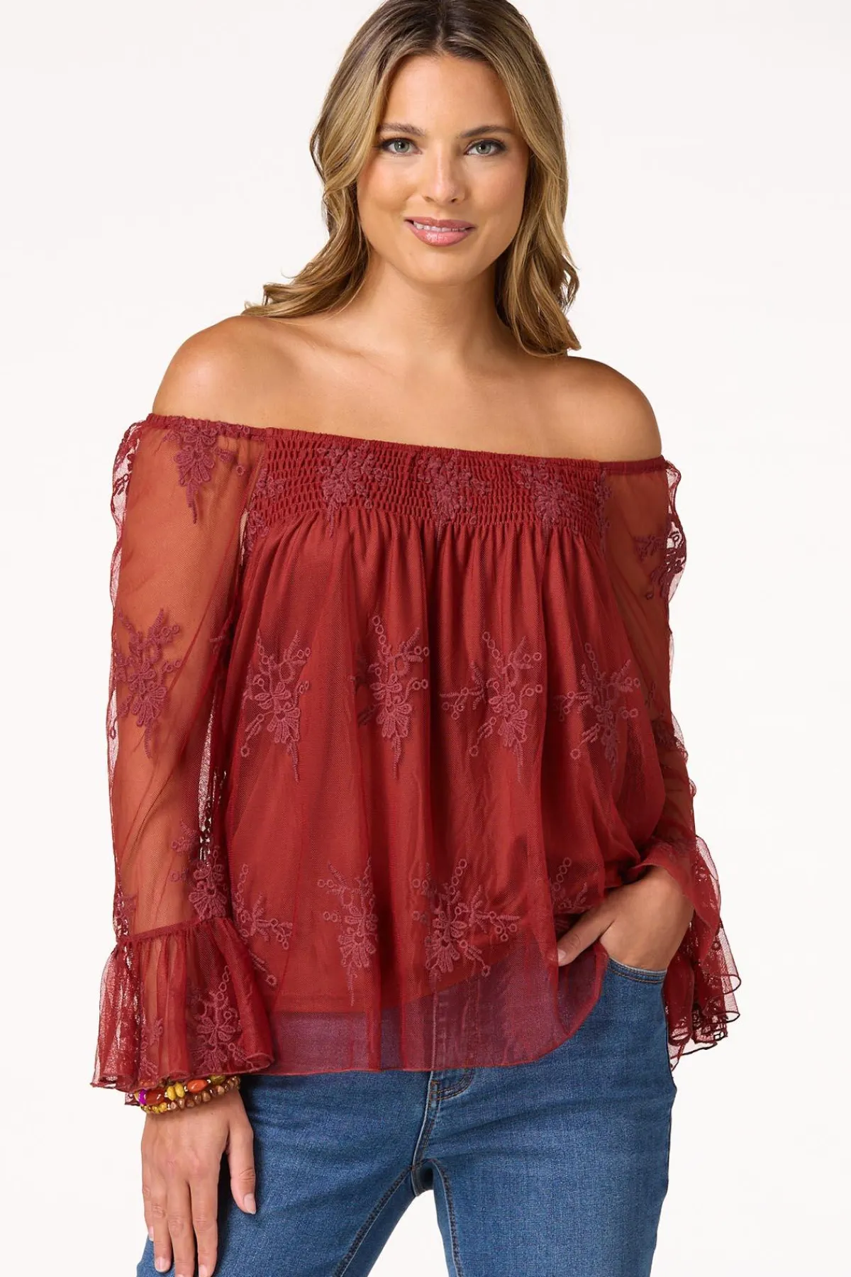 Cato Mesh Embroidered Bell Sleeve Top> Tops