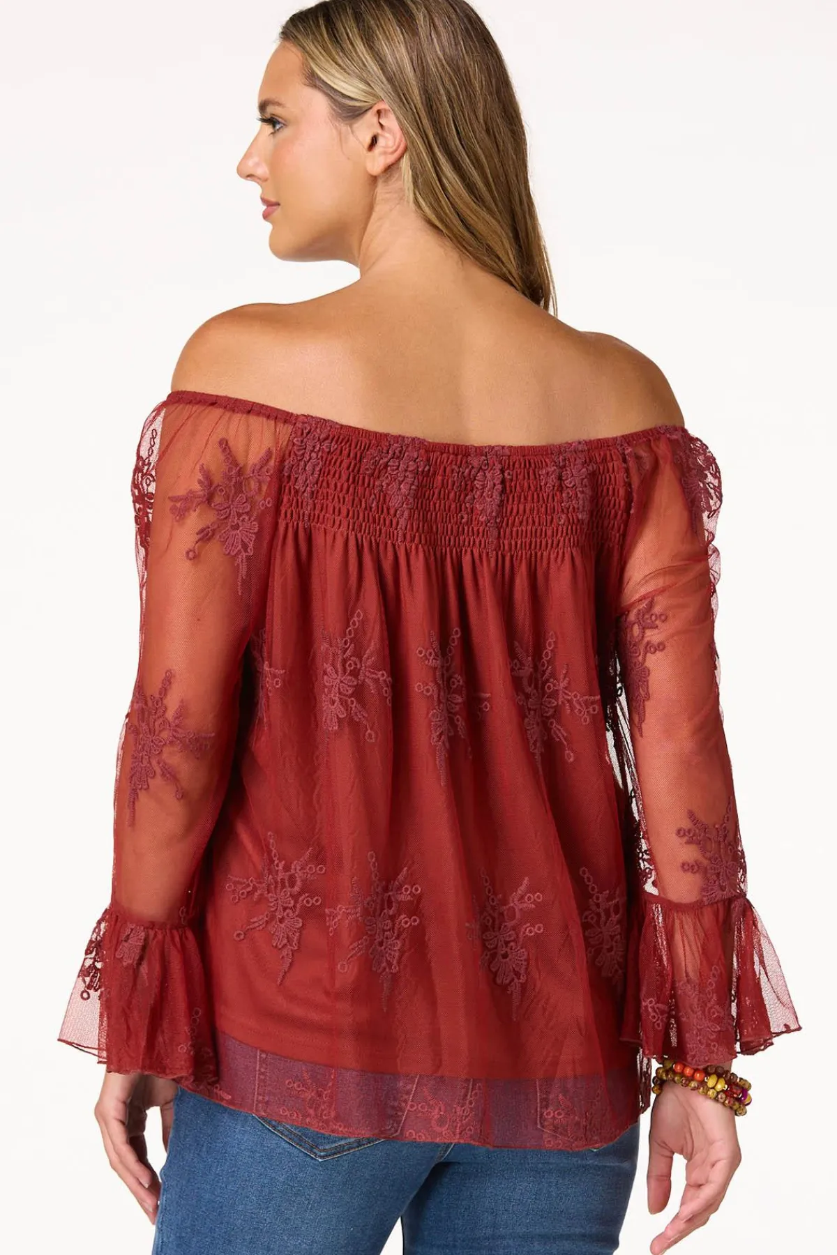 Cato Mesh Embroidered Bell Sleeve Top> Tops