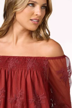 Cato Mesh Embroidered Bell Sleeve Top><noscript><img width=