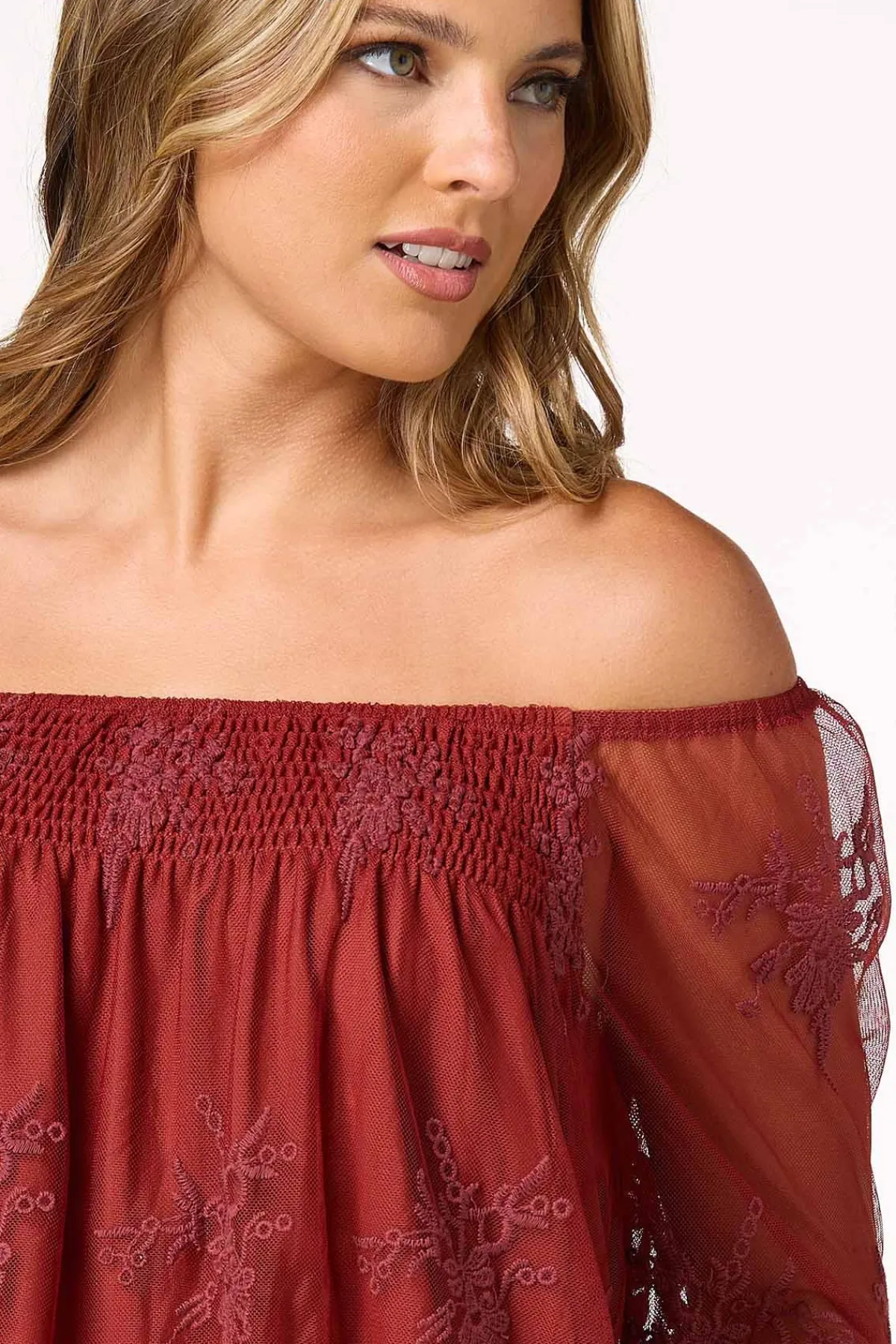 Cato Mesh Embroidered Bell Sleeve Top> Tops