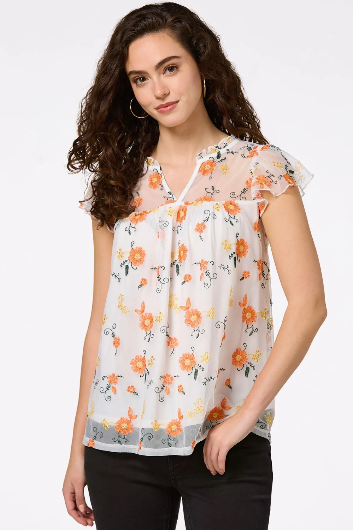 Cato Mesh Floral Embroidered Top> Tops