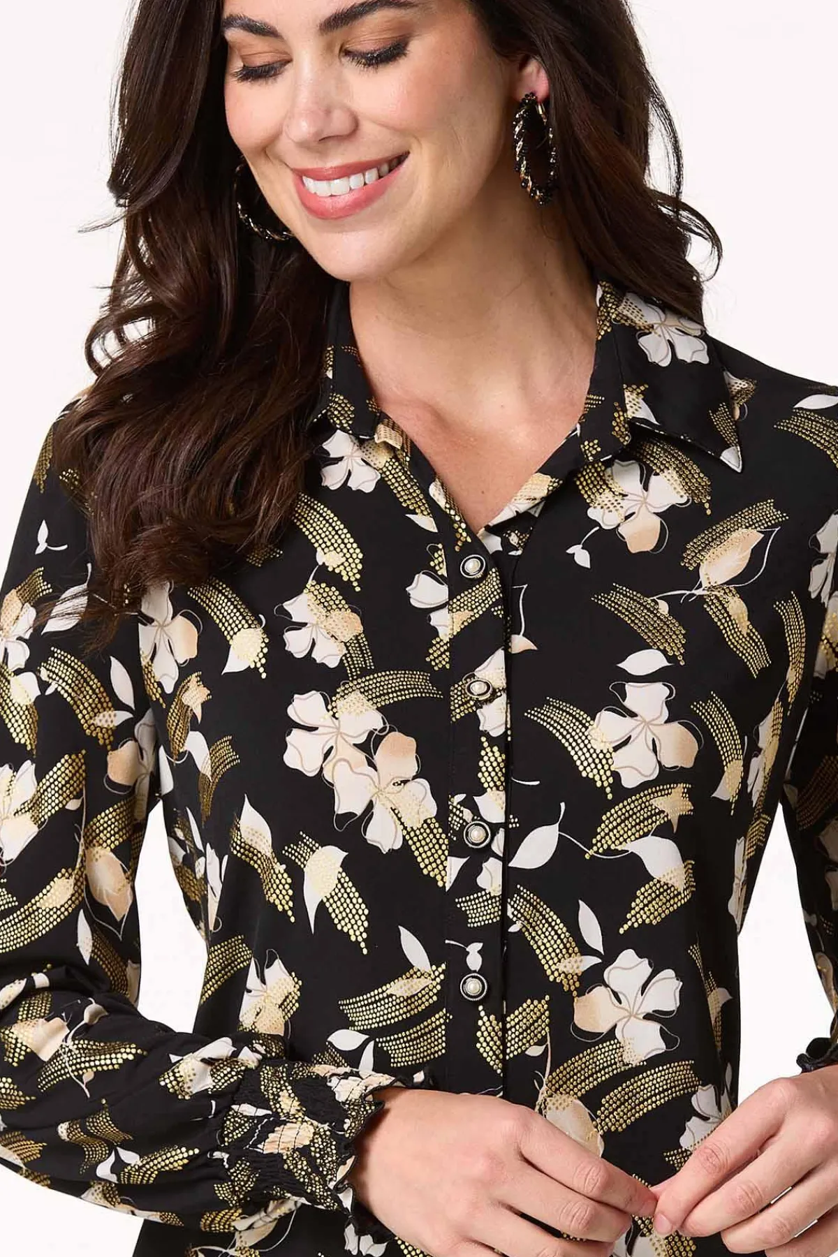 Cato Metallic Floral Pearl Button Shirt> Tops