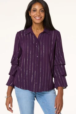Cato Metallic Stripe Ruffled Sleeve Shirt> Tops
