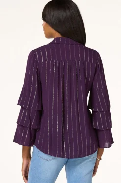 Cato Metallic Stripe Ruffled Sleeve Shirt> Tops