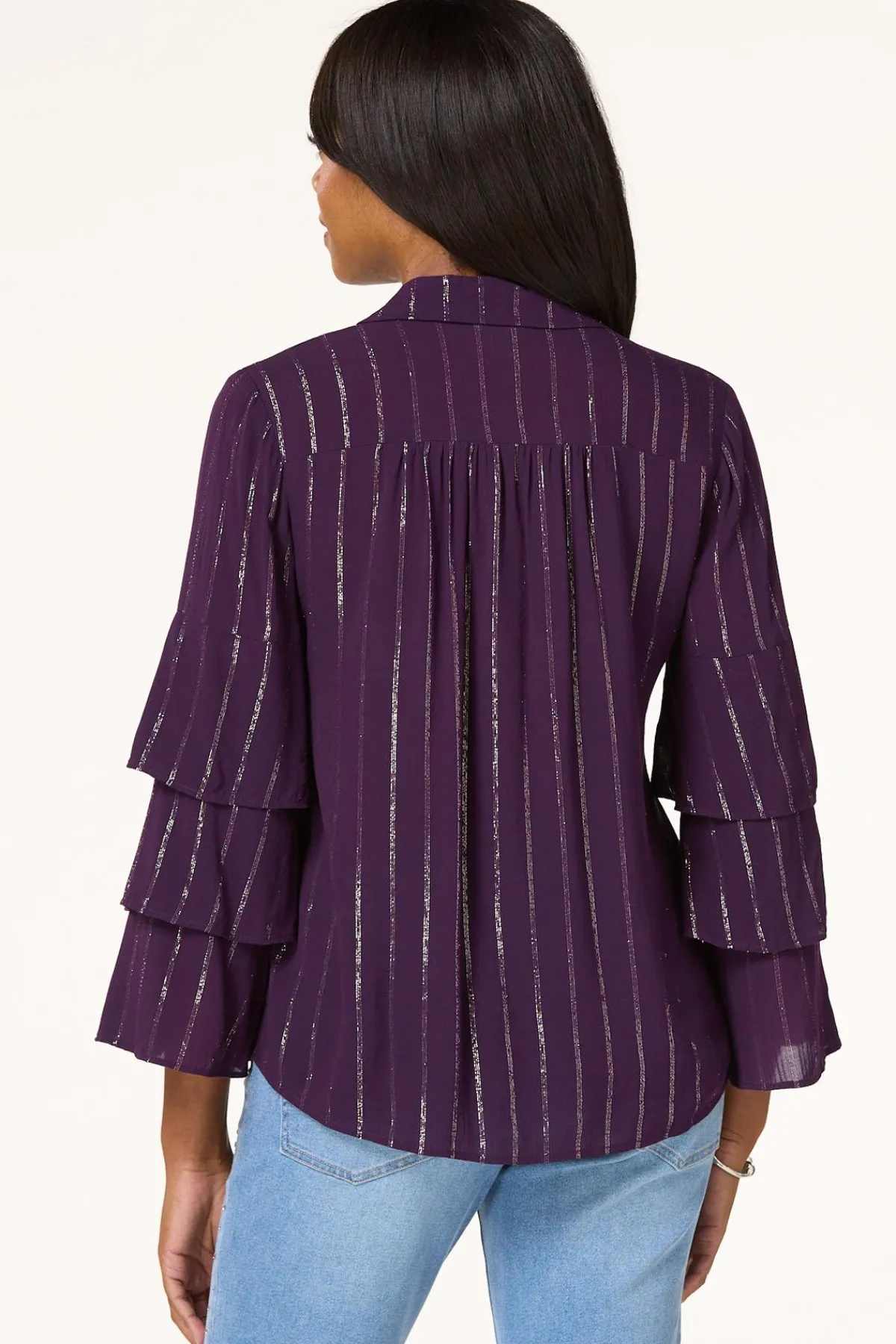 Cato Metallic Stripe Ruffled Sleeve Shirt> Tops