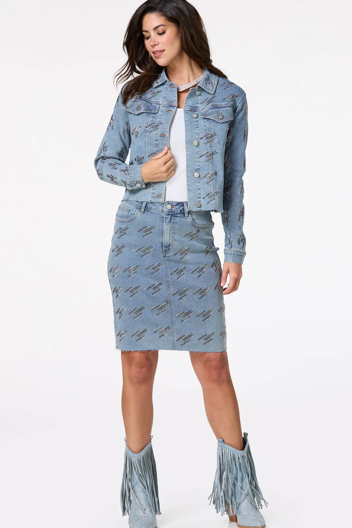 Cato Metallic Stud Denim Skirt> Skirts|Jeans