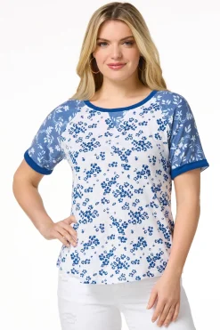 Cato Mixed Blue Floral Top> Tops