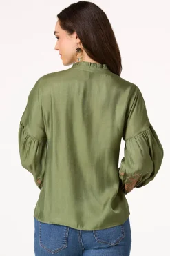 Cato Olive Embroidered Balloon Sleeve Top> Tops