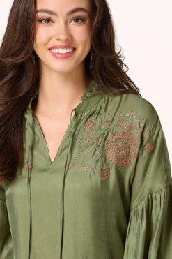 Cato Olive Embroidered Balloon Sleeve Top><noscript><img width=