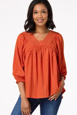 Cato Orange Lace Trim Babydoll Top> Tops