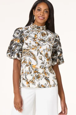 Cato Paisley Floral Embroidered Sleeve Top> Tops