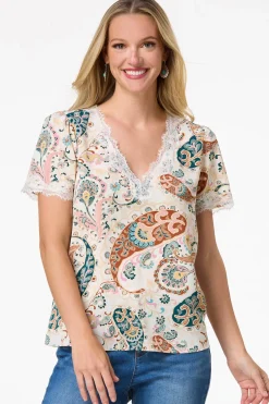 Cato Paisley Lace Trim Top> Tops