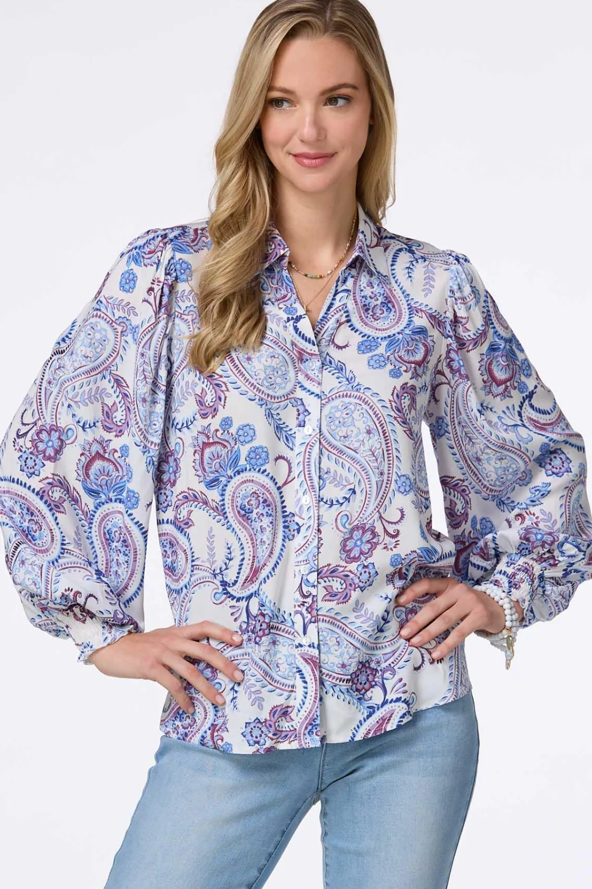 Cato Paisley Smocked Cuff Shirt> Tops