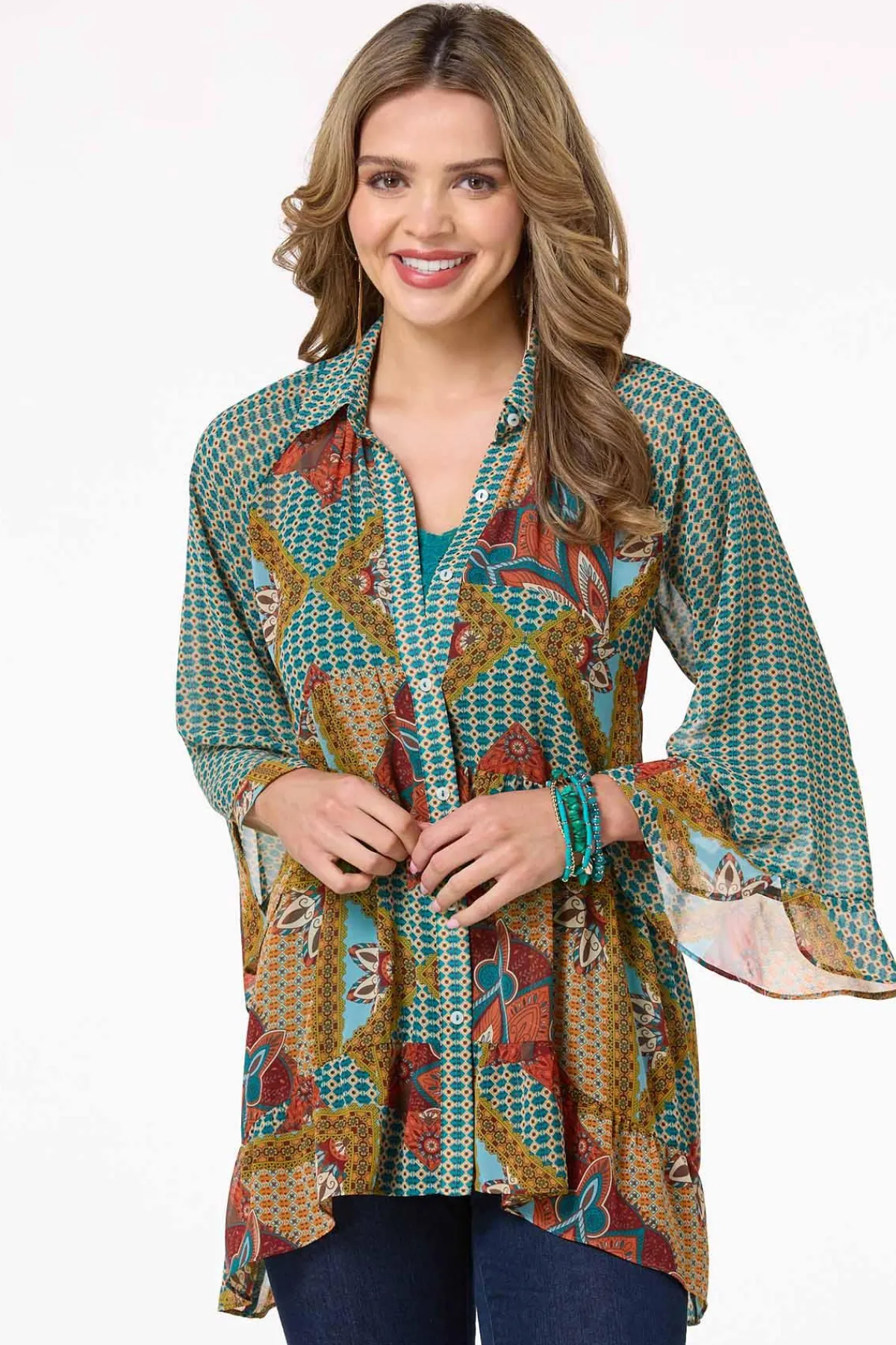 Cato Patchwork Flounced Trim Shirt> Tops