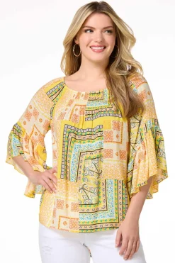 Cato Patchwork Print Smocked Top> Tops