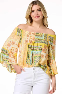Cato Patchwork Print Smocked Top><noscript><img width=