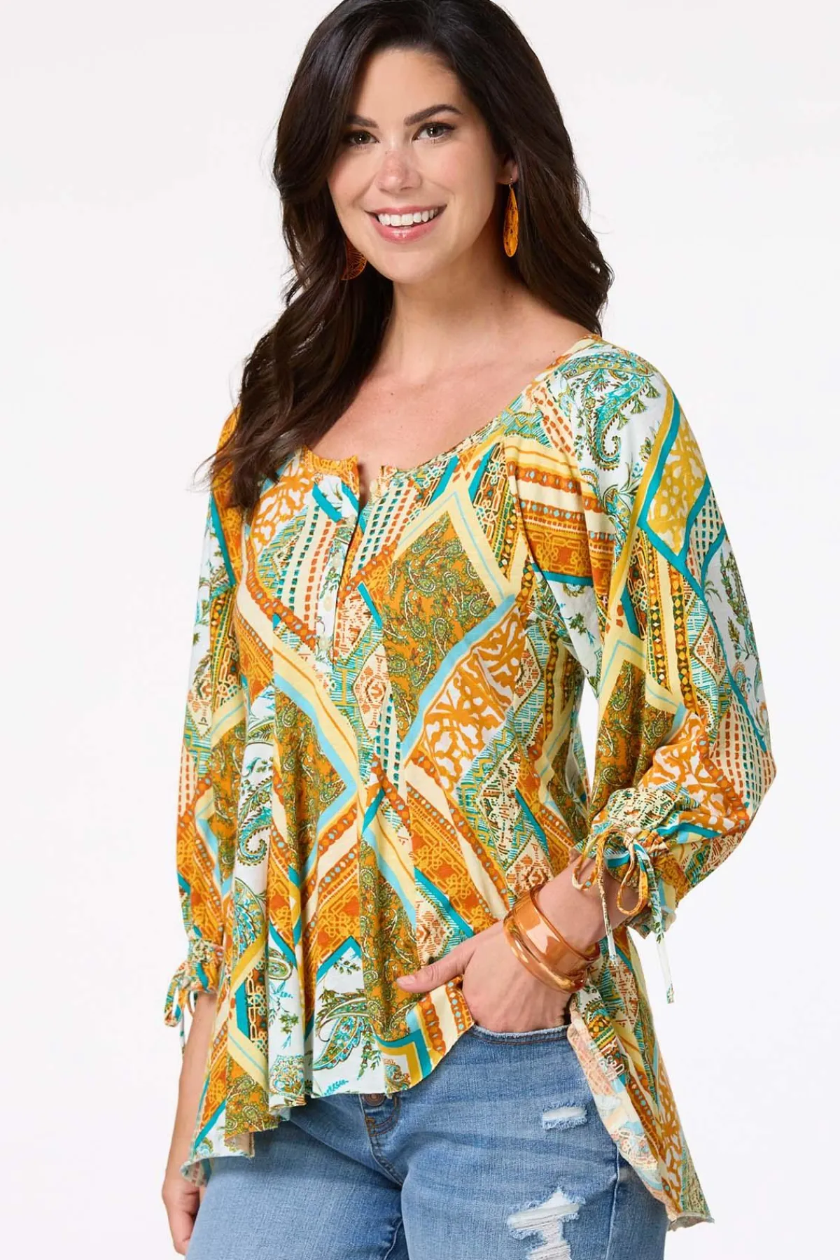 Cato Patchwork Tie Sleeve Top> Tops