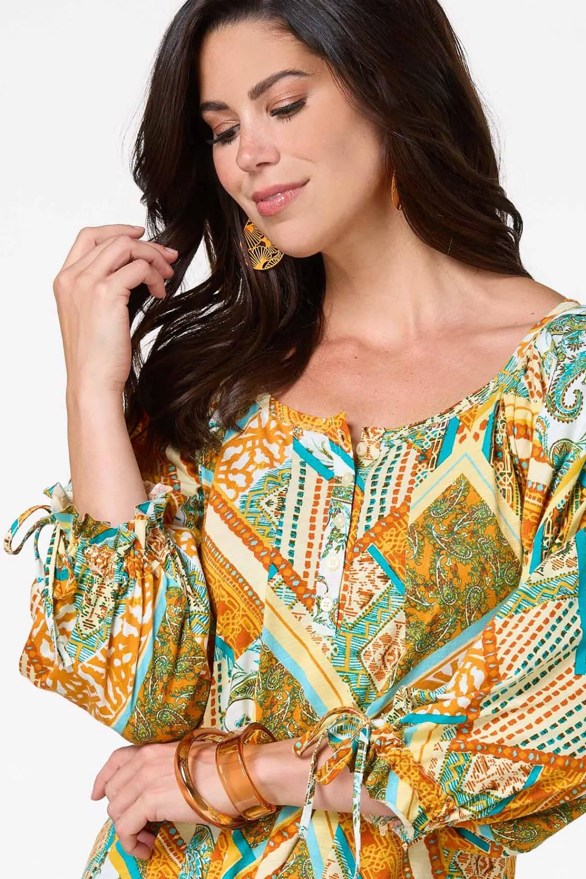 Cato Patchwork Tie Sleeve Top> Tops