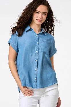 Cato Petite Chambray Button Down Tunic> Petites|Tops