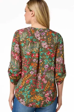 Cato Petite Garden Floral Zip Front Top> Petites|Tops