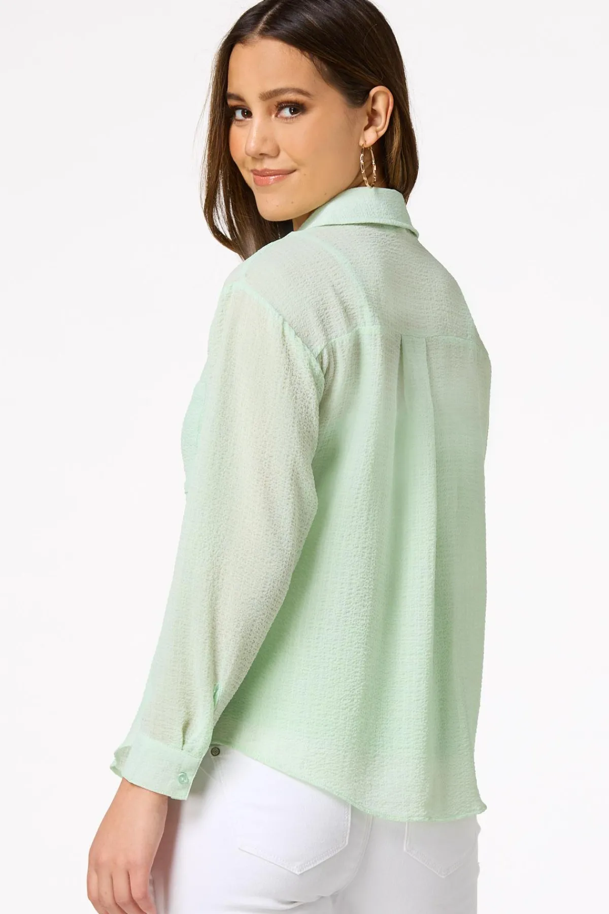 Cato Petite Solid Sheer Button Down Top> Petites|Tops