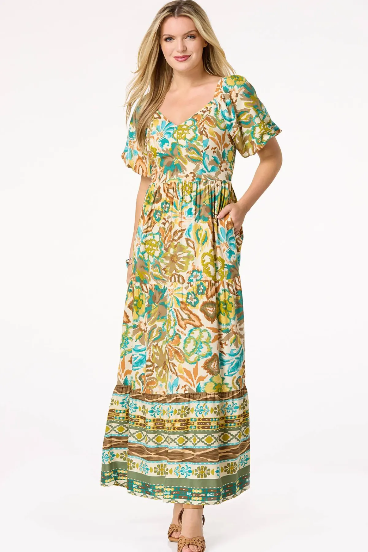 Cato Petite Tiered Bubble Sleeve Maxi Dress> Petites|Dresses