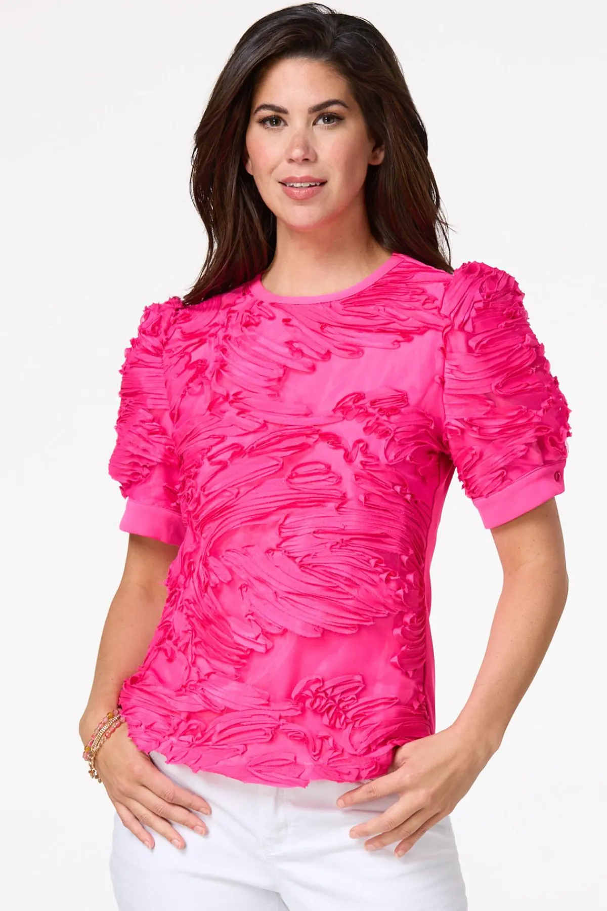 Cato Pink Textured Puff Sleeve Top> Tops