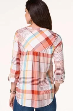 Cato Plaid Popover Top> Tops