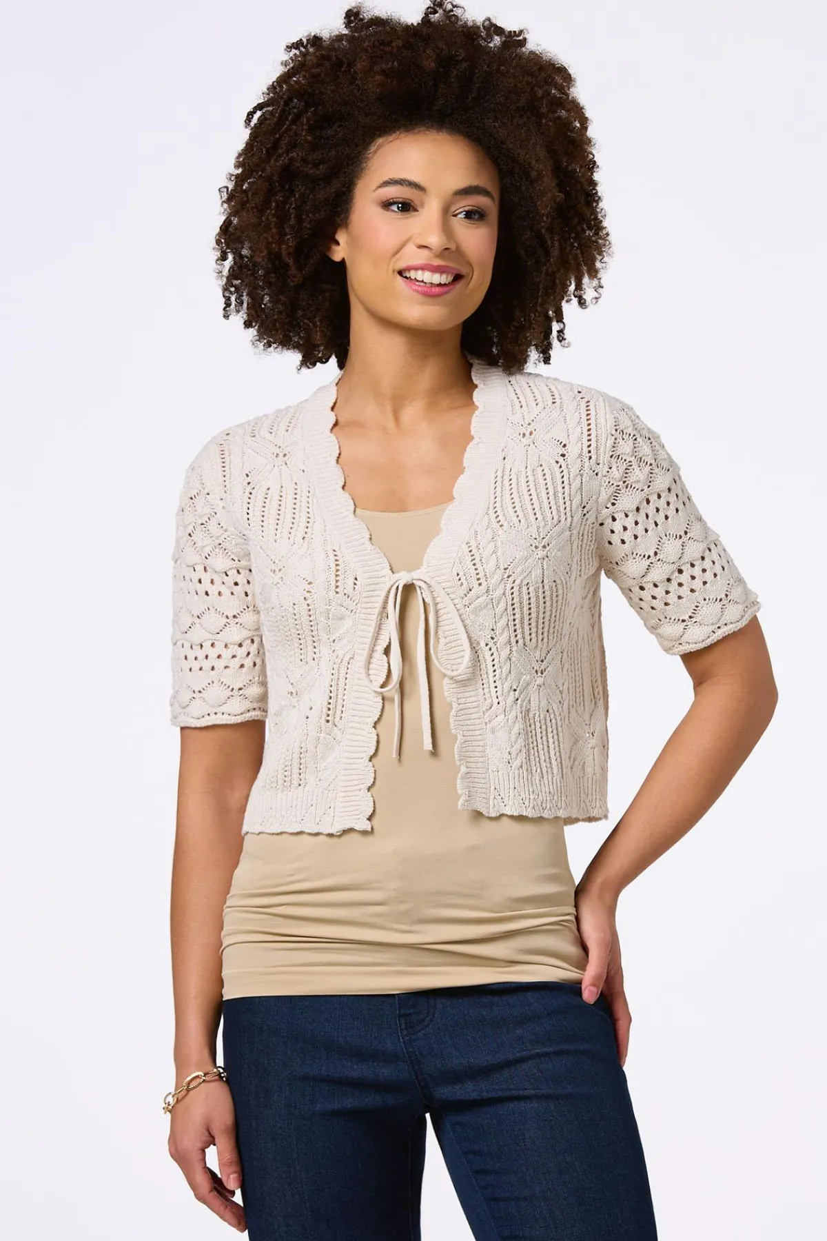 Cato Pointelle Tie Front Cardigan> Sweaters