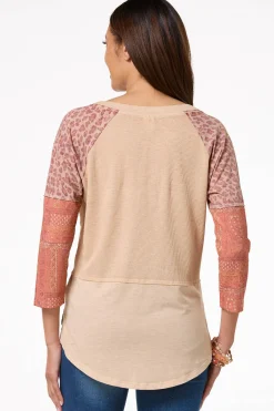 Cato Print Mix Sleeve Notch Neck Top> Tops