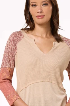 Cato Print Mix Sleeve Notch Neck Top><noscript><img width=