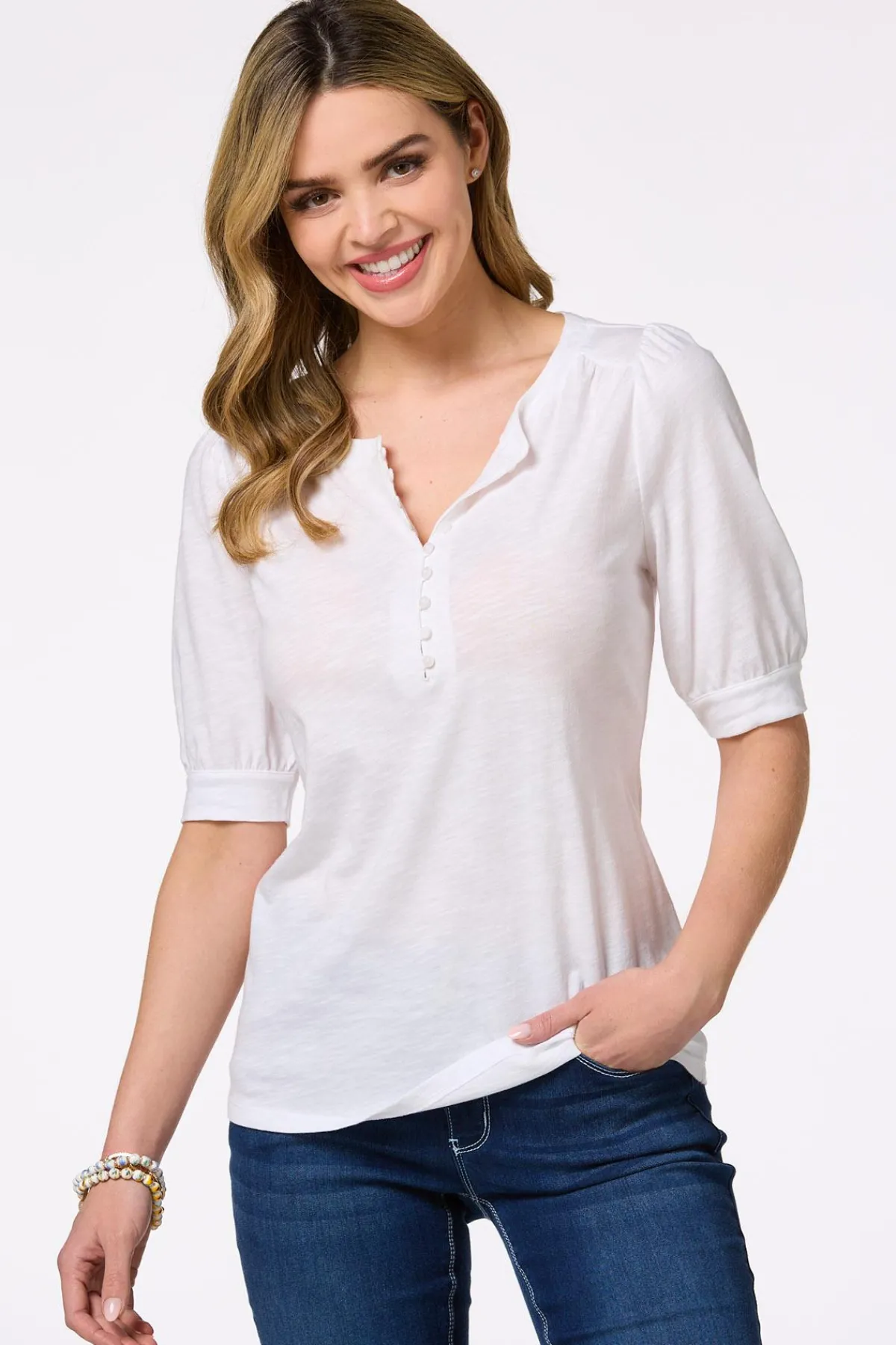Cato Puff Sleeve Henley> Tops