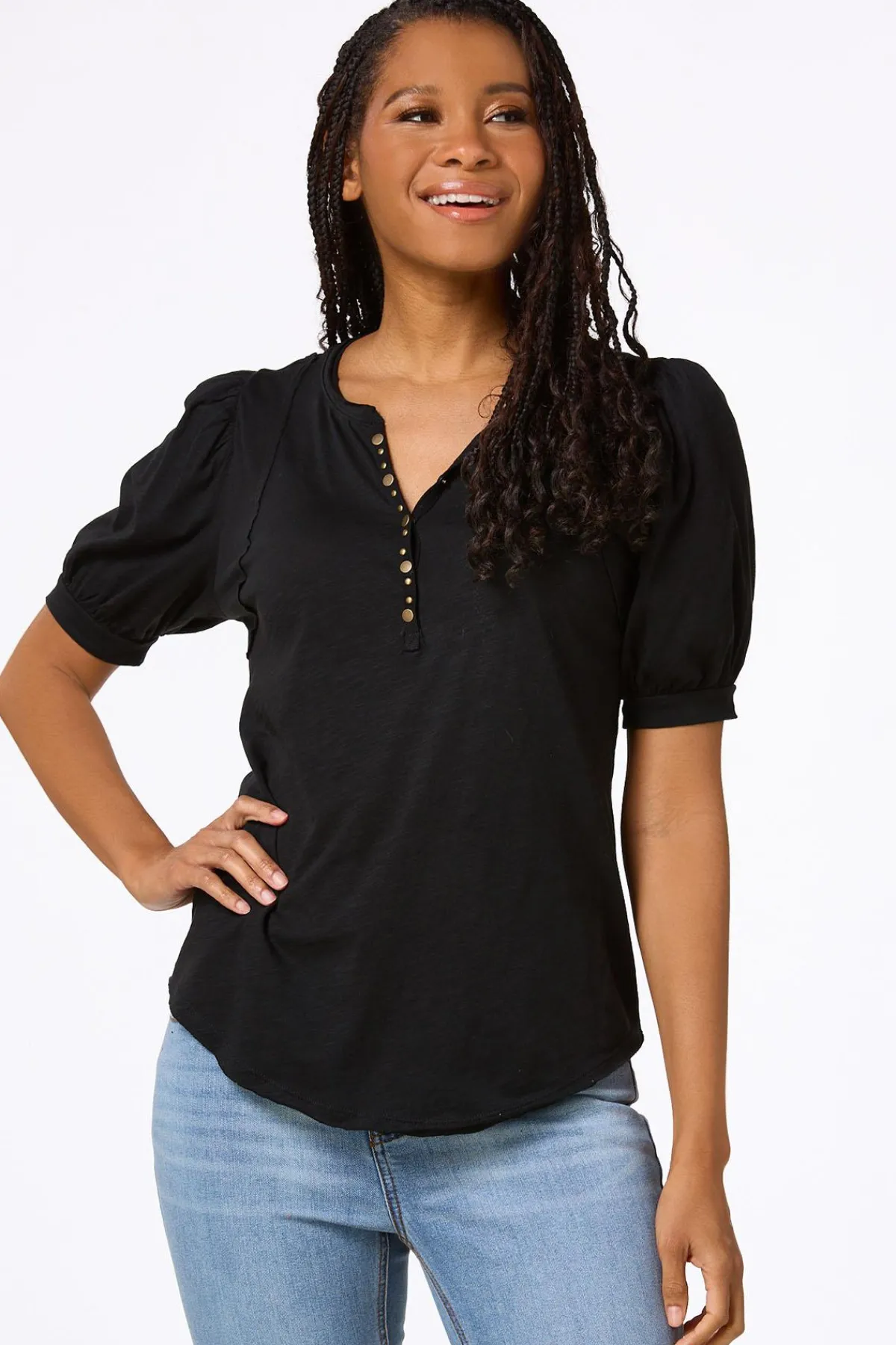 Cato Puff Sleeve Snap Henley> Tops