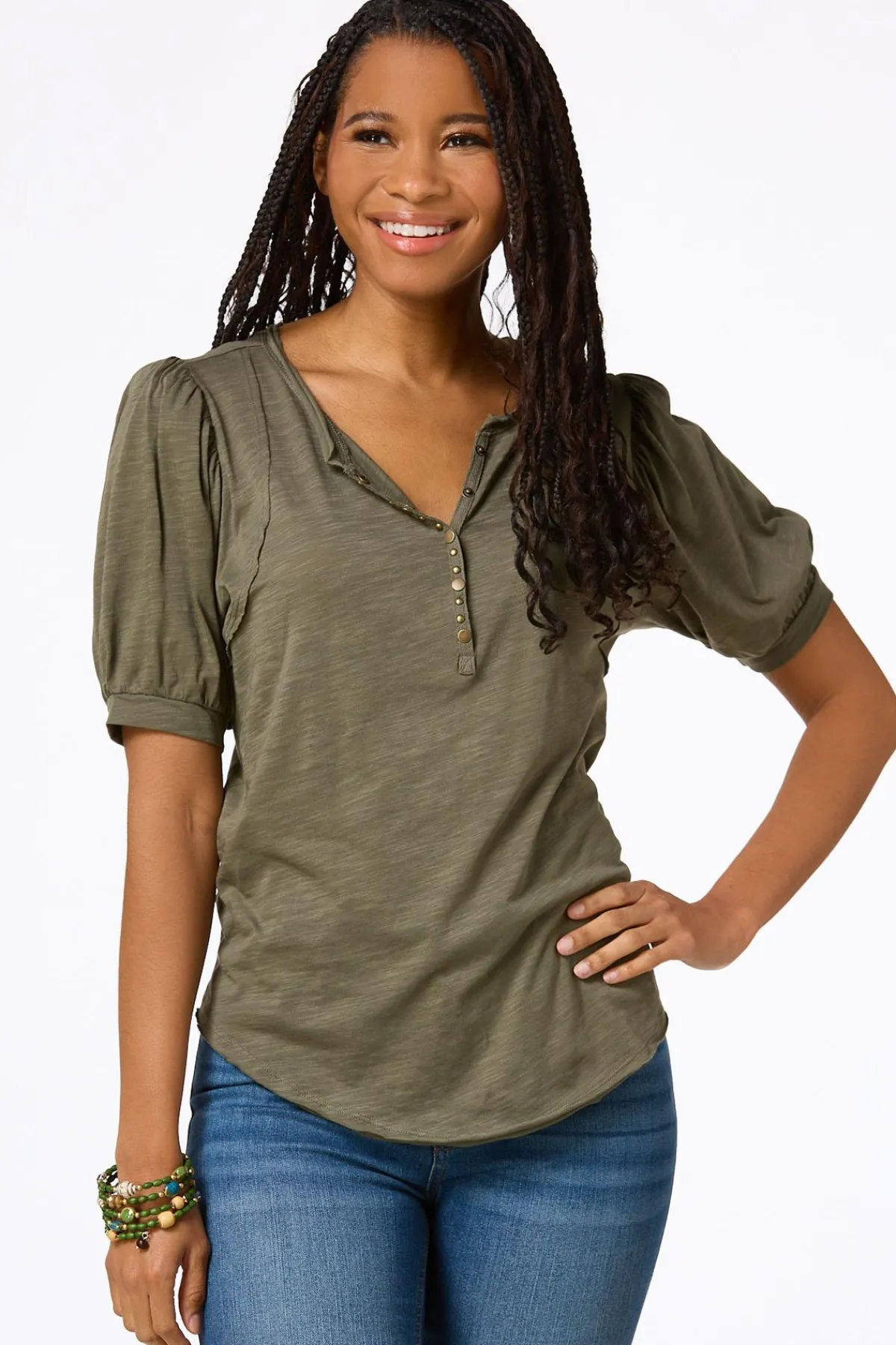 Cato Puff Sleeve Snap Henley> Tops