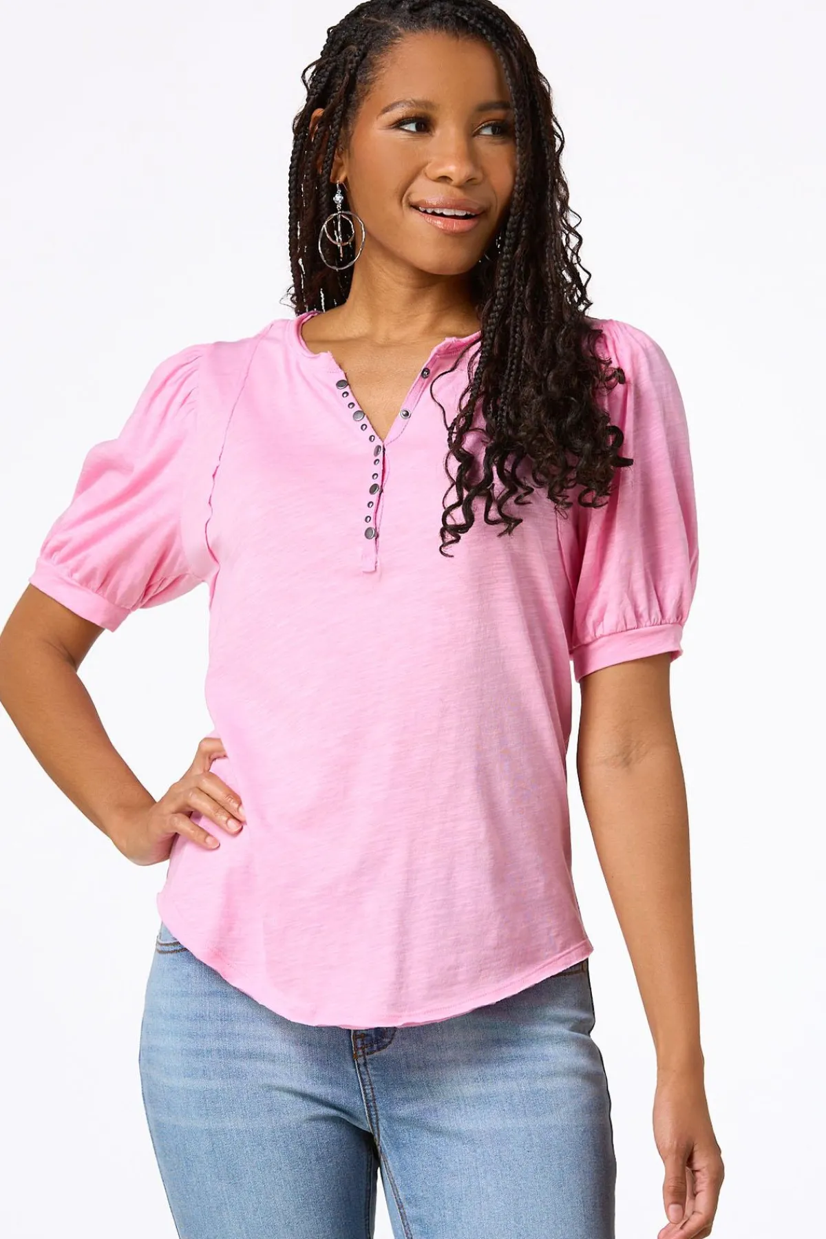 Cato Puff Sleeve Snap Henley> Tops