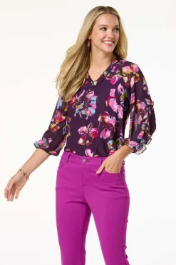 Cato Purple Floral Ruffled Top> Tops