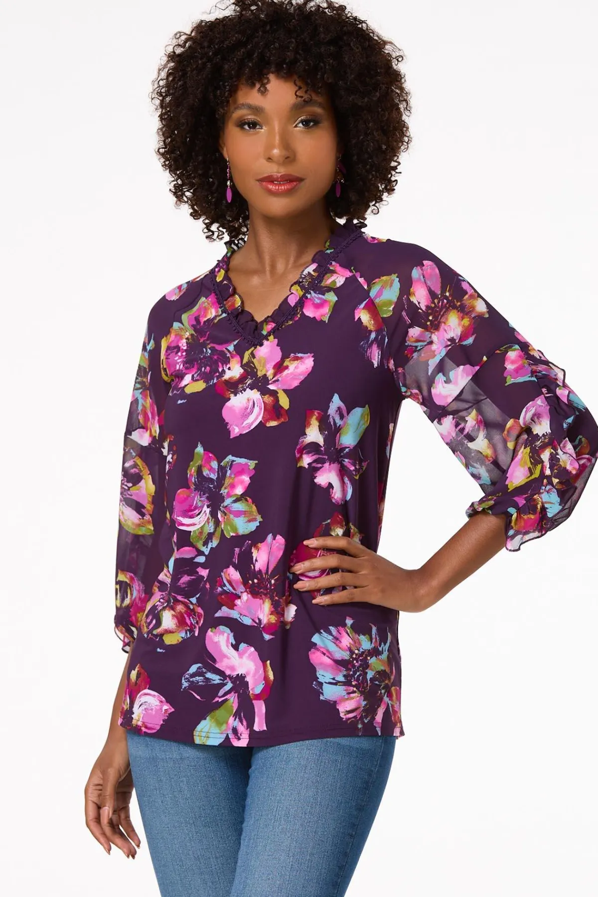 Cato Purple Floral Ruffled Top> Tops
