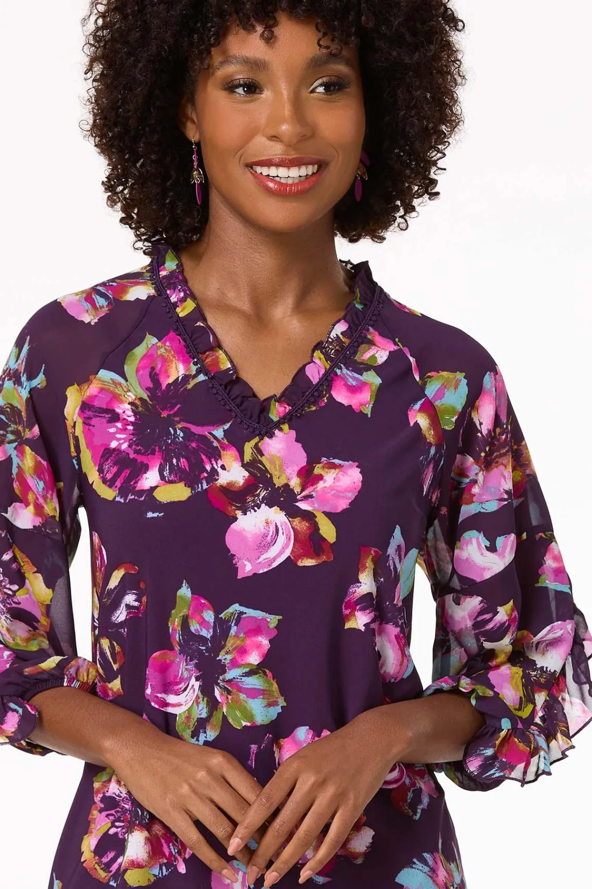 Cato Purple Floral Ruffled Top> Tops
